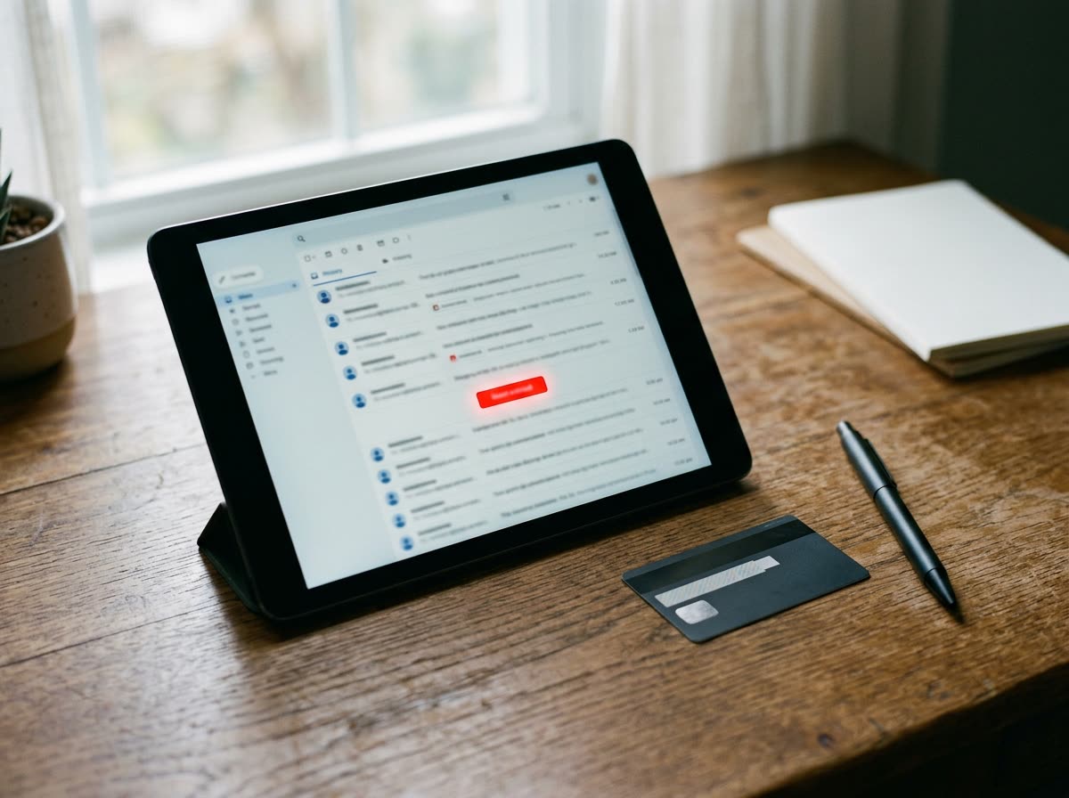 A tablet on a desk showing an inbox with one red button, a card beside it