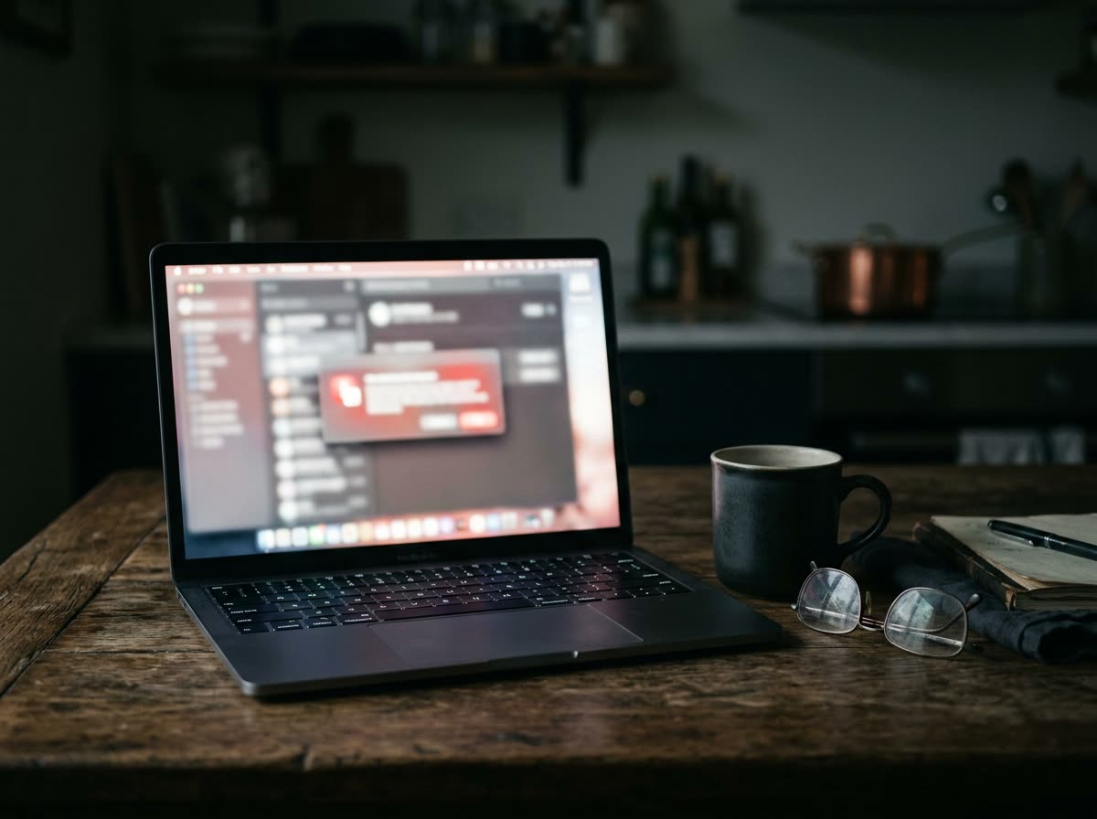 A laptop on a kitchen table at night showing a red warning pop-up