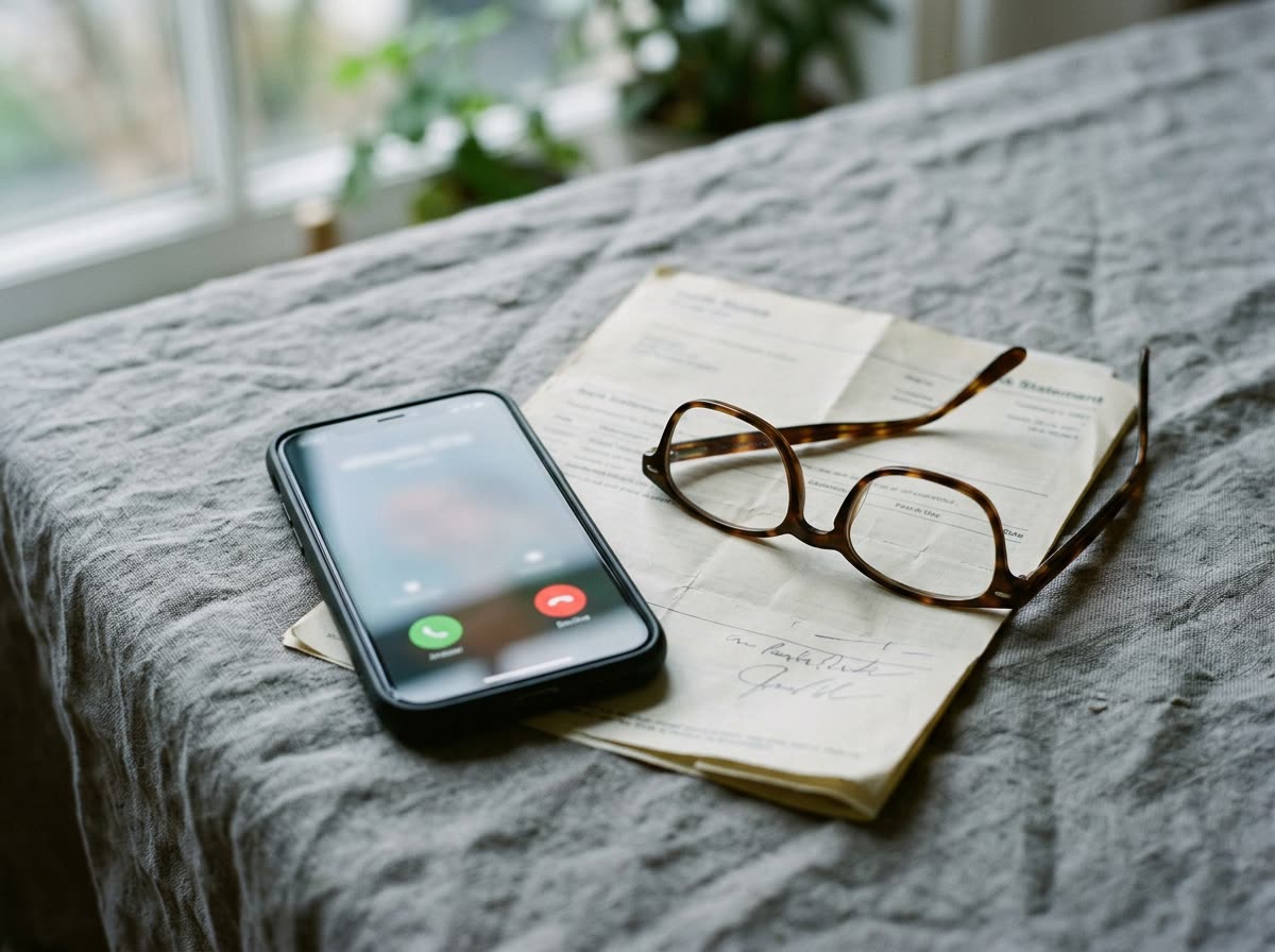 A phone ringing on a table beside reading glasses and a bank statement
